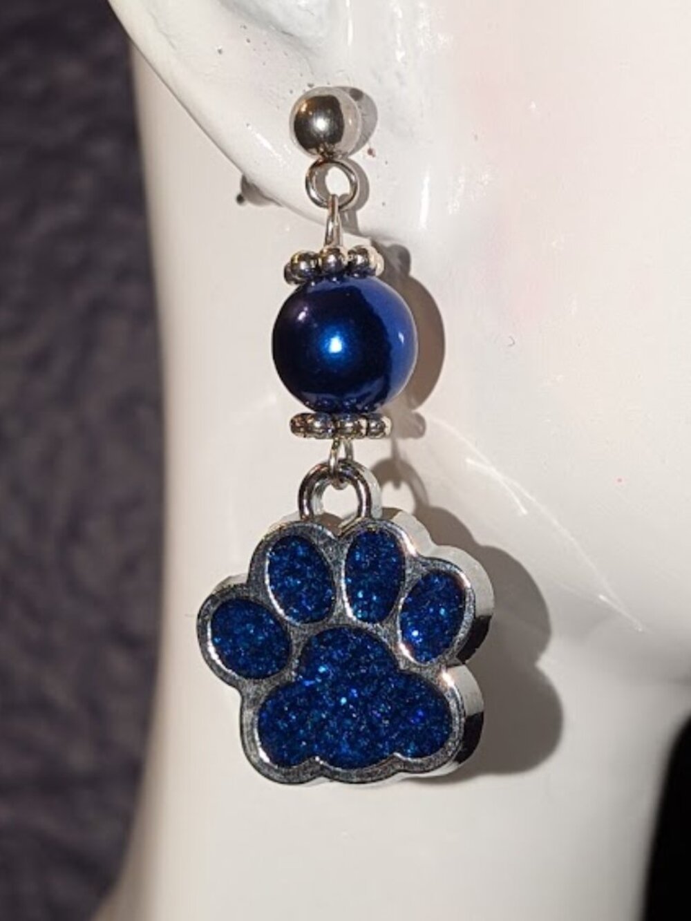 Cobalt Blue Sparkle Paw Print Earrings